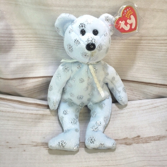 TY Beanie Babies Flaky Baby Blue Silver Snowflake Teddy Bear Beanbag Plush 9" 02 - Picture 1 of 9
